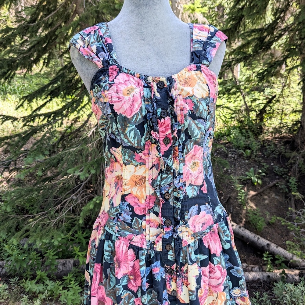 Vintage 90s Starina Floral Garden Dress M Cottagecore Button Front Corset Ruffle - Picture 5 of 15